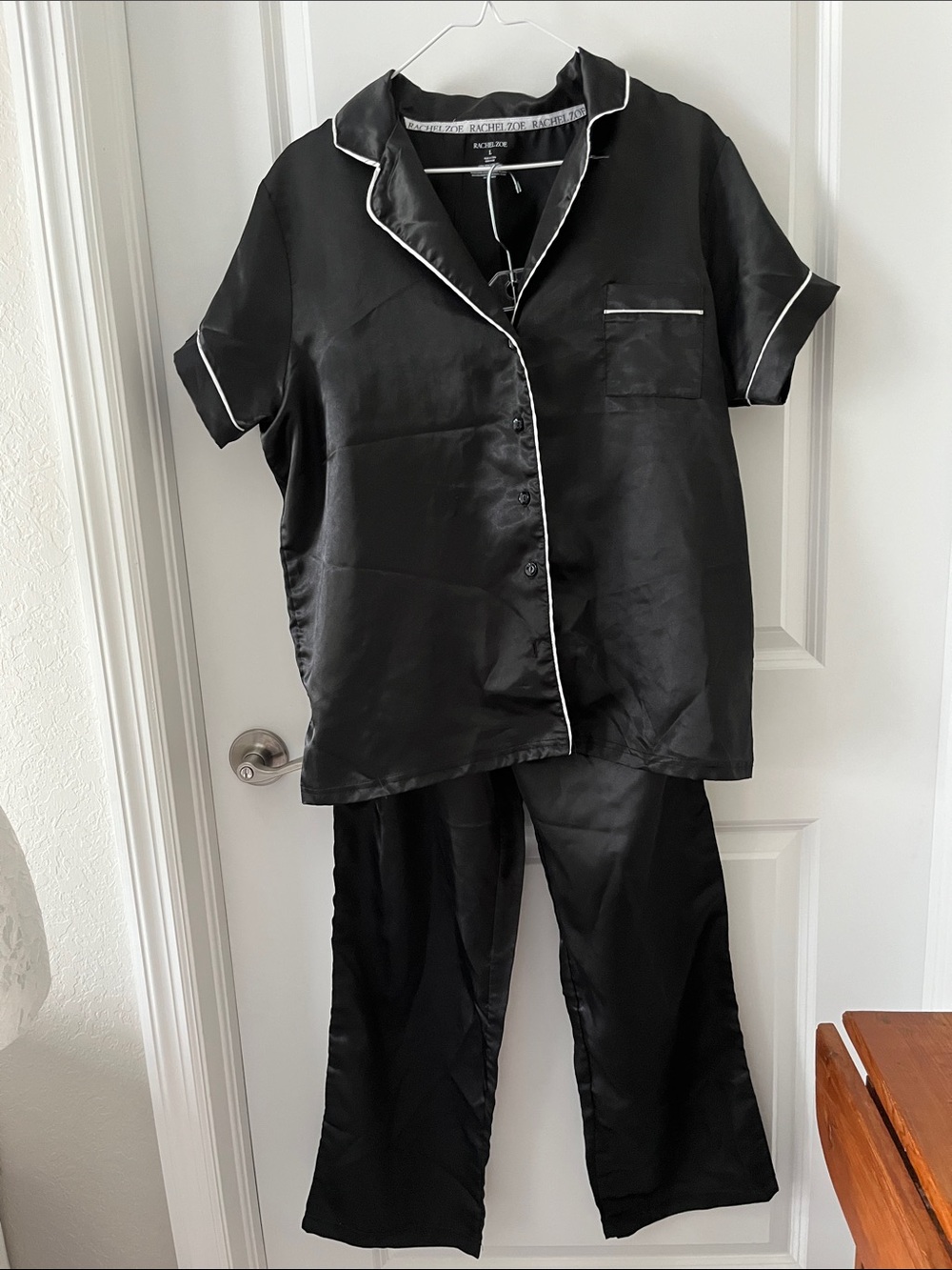 Rachel Zoe Black Satin Pajama Set with White Piping NWOT